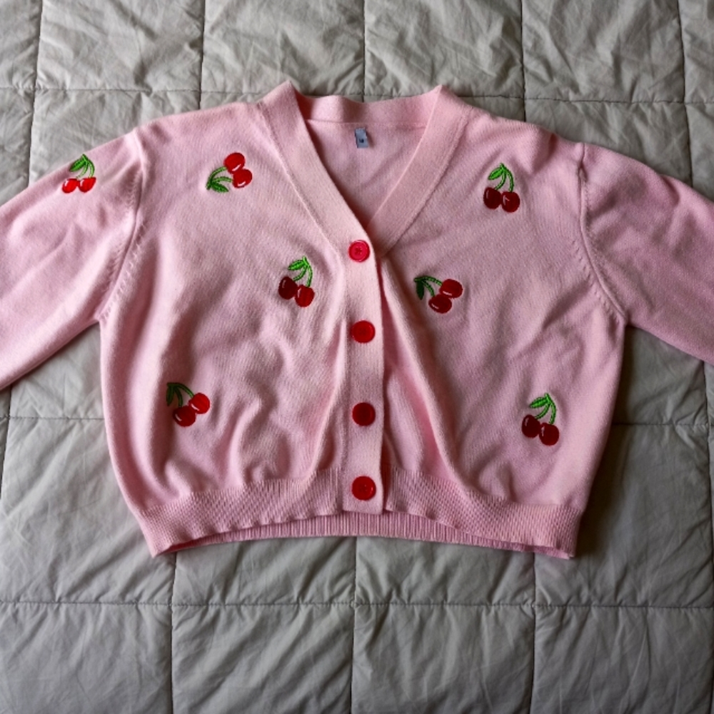 Pink cherries button-up sweater 🍒